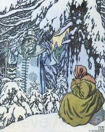 Ivan Bilibin Father Frost and the step-daughter, illustration by Ivan Bilibin from Russian fairy tale Morozko, 1932 Germany oil painting art